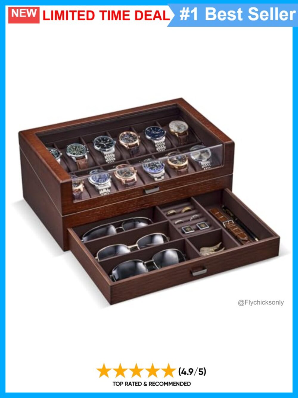 12 Slot Wooden Watch Box 2-Layer Display Case Organizer with Drawer
